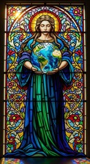 Obraz premium Earth's Embrace: A stained glass artwork depicts a serene figure cradling the Earth, surrounded by intricate floral designs and vibrant colors, symbolizing a connection with nature.