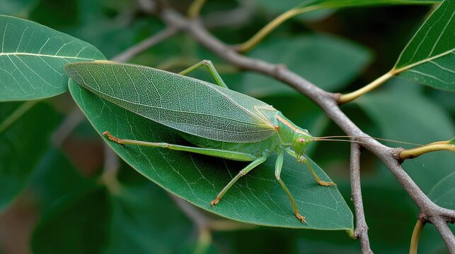 the leaf-like insect sits camouflaged among green foliage, its body mimicking leaves perfectly