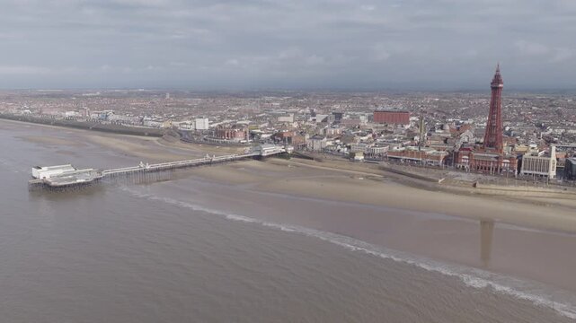 Establishing aerial view of Blackpool, seaside town in Lancashire, England, United Kingdom.
