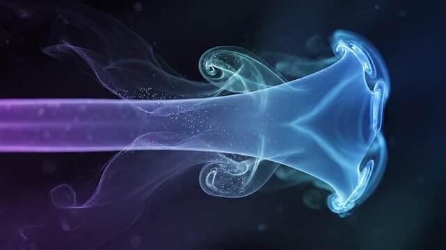 Abstract motion of blue smoke forming a trumpet shape with swirling patterns in a dark environment from a close-up viewpoint