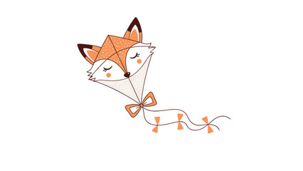 Fototapeta premium Whimsical illustration of a flying kite shaped like a fox face with orange ears and a long tail decorated with small orange bows.