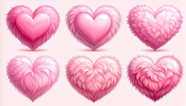 Six digitally rendered pink hearts with a fluffy or smooth texture, arranged in two rows on a pink background