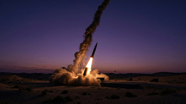 Long Range Missile Launch at Twilight &ndash; Global Security Concept