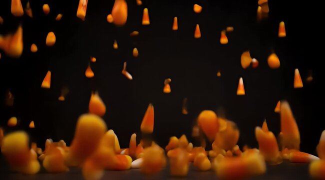An assortment of festive candy corn pieces falling and scattered across a dark background, perfect for Halloween or seasonal decorations