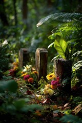 Tropical cemetery with wooden tombstones and fresh flowers under lush trees