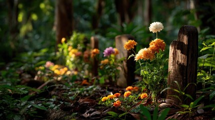 Tropical cemetery with wooden tombstones and fresh flowers under lush trees