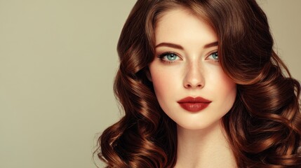Fototapeta premium Stunning Portrait of a Young Woman with Voluminous Curly Hair and Striking Makeup Against a Soft Neutral Background