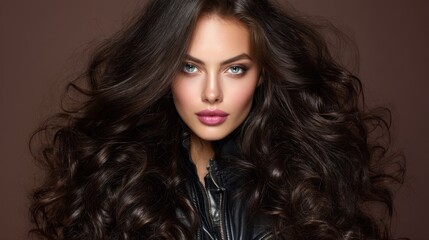 Naklejka premium Stunning Woman with Voluminous Dark Hair and Beautiful Face Posing Elegantly Against a Solid Brown Background