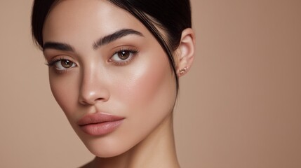 Fototapeta premium Close-Up Portrait of a Beautiful Woman with Natural Makeup and Bronzed Complexion Against Soft Neutral Background