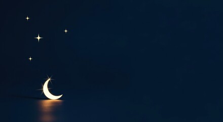 Naklejka premium Crescent moon and stars glowing in the dark night sky with reflection.