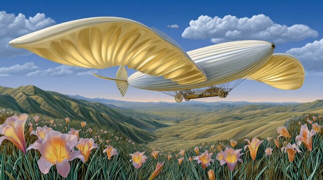 Fantasy Airship Flight Over Flower Meadow Landscape