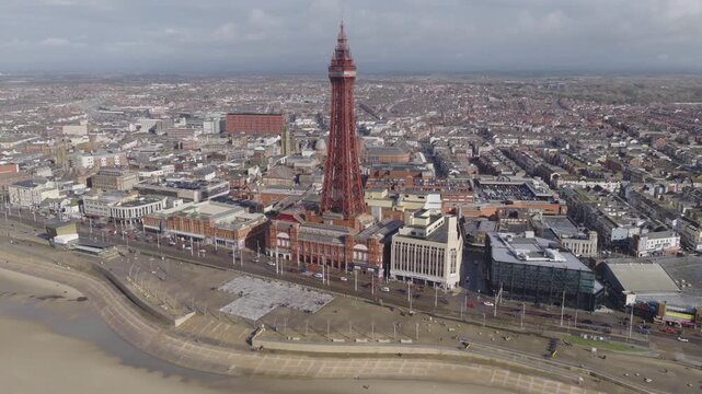Establishing aerial view of Blackpool, seaside town in Lancashire, England, United Kingdom.