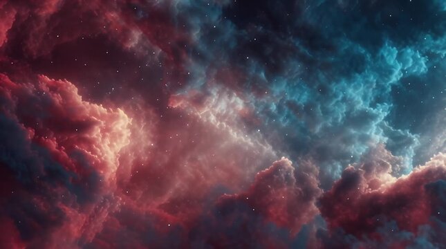 A vibrant cosmic display featuring swirling nebulae and scattered stars. Deep reds and blues blend to create a dreamlike, celestial atmosphere