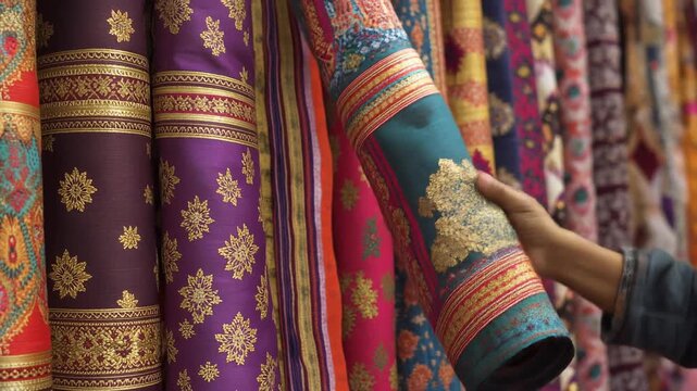 Colorful patterned fabrics and sari cloths on display.