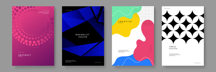 A collection of four diverse modern posters using halftone dots, geometric blue fragments, organic blobs, and star patterns