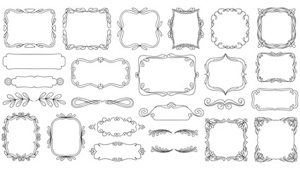 Comprehensive collection of elegant black and white floral frames decorative borders and dividers in a classic vintage line art style.