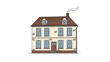 Classic two story European style house with a tiled roof multiple windows and a smoking chimney isolated on a plain white background.