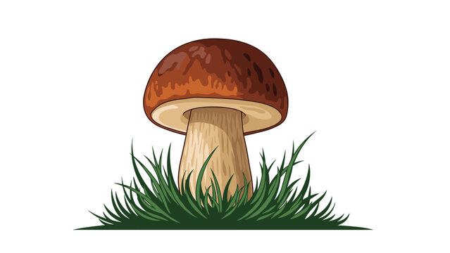 Realistic illustration of a large brown mushroom growing in a patch of green grass isolated against a clean white background.