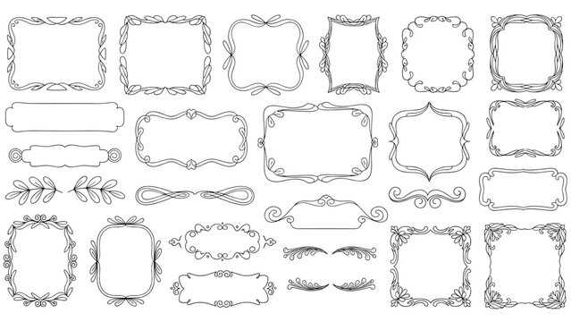 Comprehensive collection of elegant black and white floral frames decorative borders and dividers in a classic vintage line art style.