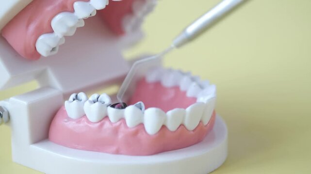 Dental model showing tooth decay being examined with medical probe for treatment planning