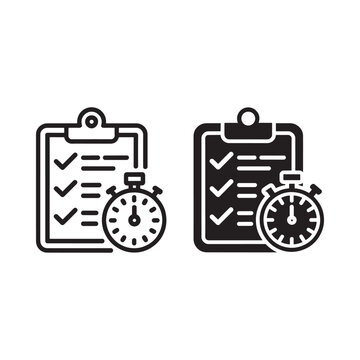 Two clipboard icons with checkmarks and a stopwatch outlined in black