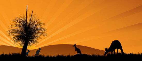 Kangaroo silhouettes graze and sit against a warm orange sunset over rolling outback hills, tall grass and a distinctive grass tree, evoking calm, wilderness and iconic Australian nature scenery. © electra kay-smith