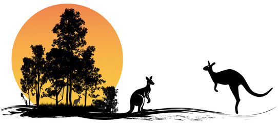 Kangaroo silhouette at sunset in Australian outback with gum trees © electra kay-smith