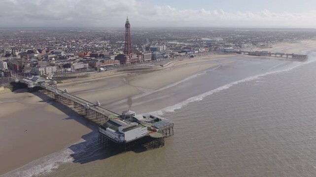 Establishing aerial view of Blackpool, seaside town in Lancashire, England, United Kingdom.
