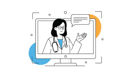 Professional female doctor provides an online medical consultation to a patient through a computer monitor with a speech bubble.