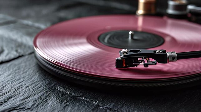 Close-up of a pink vinyl record spinning on a turntable. Black tone arm and textured surface. Shallow depth of field. Focus on the needle