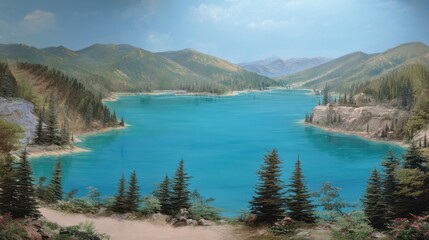 Obraz premium Serene Mountain Lake Surrounded by Lush Green Forest and Majestic Mountain Peaks Under a Clear Blue Sky