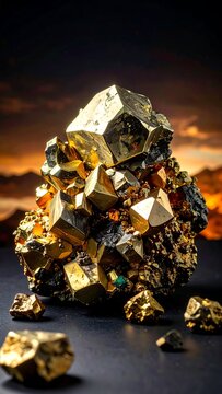 Shiny pyrite cluster on dark surface with blurred sunset background, illuminated for high contrast and sharp details
