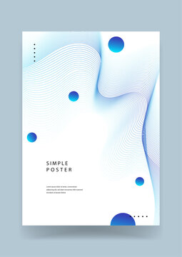 Simple and clean abstract poster design featuring blue thin wave mesh lines and floating gradient spheres on a white minimalist background