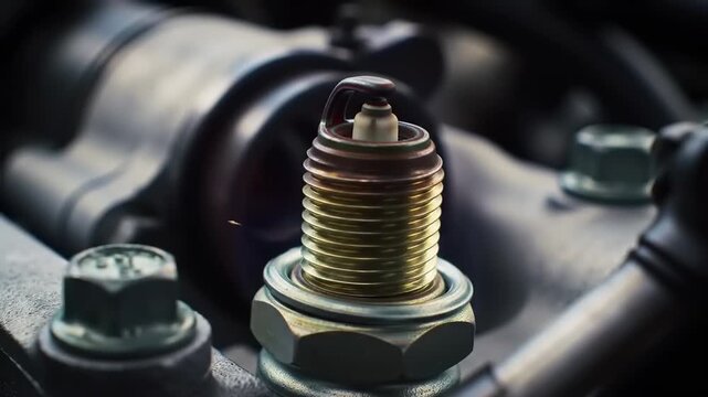 Spark plug detail with engine component, and closeup.