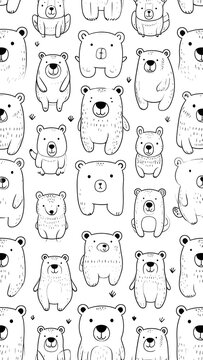 A whimsical black-and-white pattern featuring a multitude of charming bear illustrations in various poses