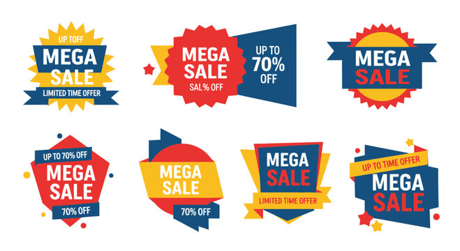Colorful mega sale badges promotional labels and discount offers