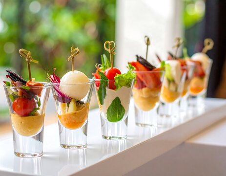 A row of elegantly presented appetizers on a white table