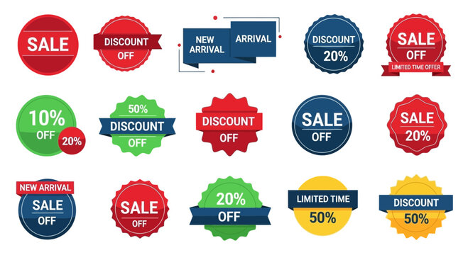 Colorful sale and discount badges and banners for promotion and advertising
