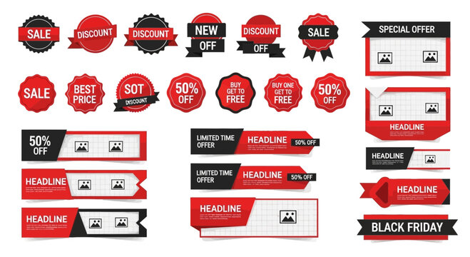 Collection of sale banners and discount labels for retail promotions