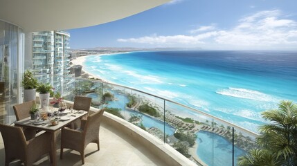 Fototapeta premium Luxurious Coastal View from an Elegant Balcony Overlooking Vibrant Blue Ocean and Resort Pool Area