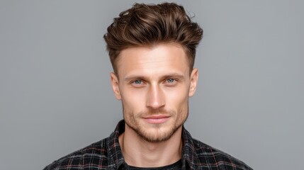 Obraz premium Portrait of a Young Man with Stylish Hair and Confident Expression Against a Neutral Gray Background