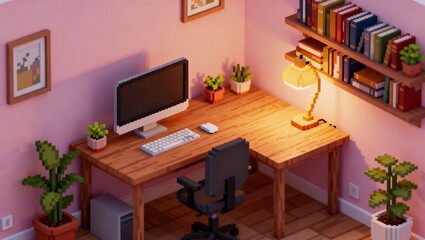 デスクと本棚があるアイソメトリックなピクセルホームオフィス