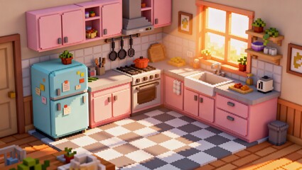 パステルキャビネットと陽光が差し込む可愛いピクセルキッチン