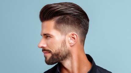 Fototapeta premium Stylish Man with Modern Hairstyle and Well-Groomed Beard Posing Against Soft Blue Background with Confident Expression