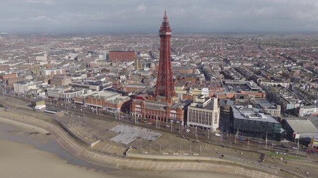 Establishing aerial view of Blackpool, seaside town in Lancashire, England, United Kingdom.