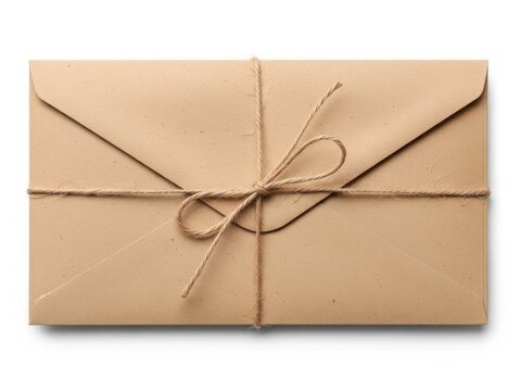 Brown paper envelope tied with twine on white background string