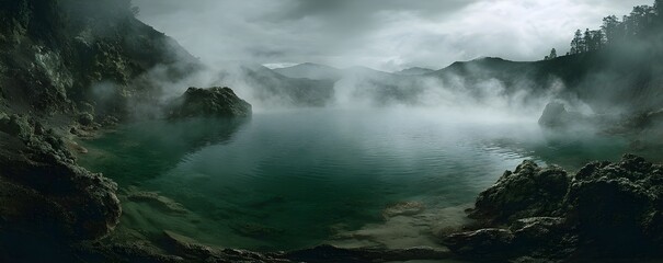 Obraz premium Volcanic Lagoon With Deep Green Mineral Water And Rising Steam For Spa Travel Adventure And Nature Wellness Art