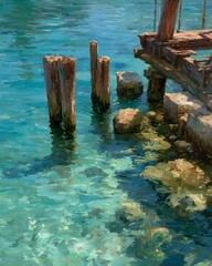 Fototapeta premium Weathered pier posts in shallow turquoise sea, bright summer coastal background, serene travel wallpaper photography