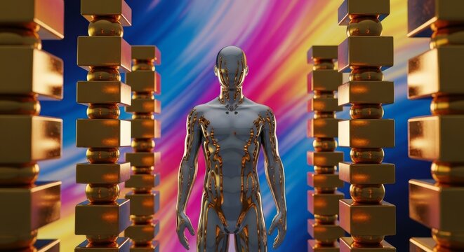 A chrome-plated humanoid stands amidst an atmosphere of progress and restoration, flanked by gleaming symmetrical gold resource stacks, organized, golden, digital