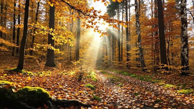 Golden autumn forest with sun rays illuminating a path covered in fallen leaves